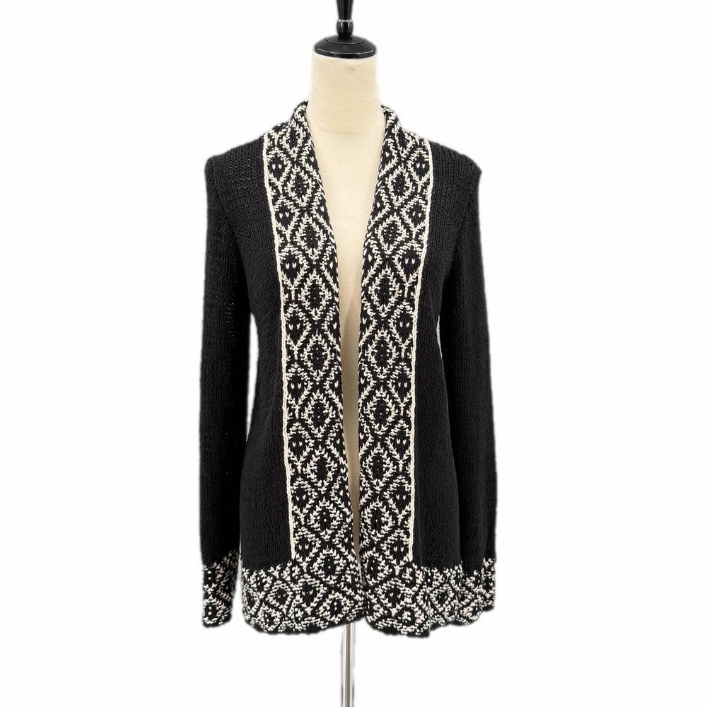 Lucky Brand Black & White Geometric Southwestern Knit Cotton Blend Cardigan
